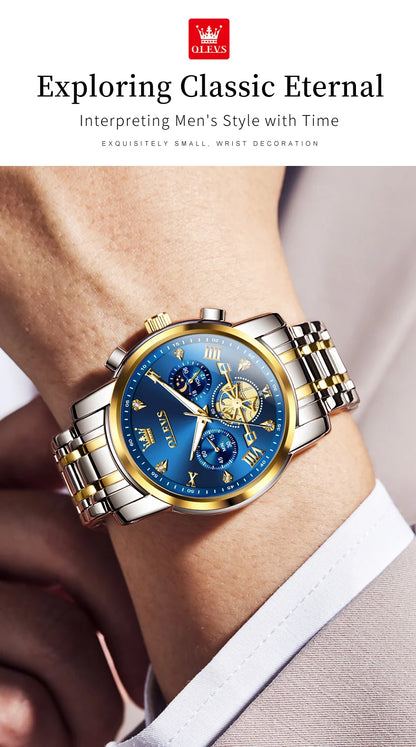 OLEVS Luxury Flywheel Design Couple Wristwatch Chronograph Waterproof Moon Phase Watch Brand Original Quartz Watch for Men Women