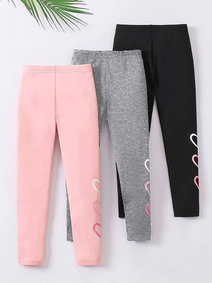 3-Pack: Girls' Solid-Color Casual Leggings (Heart Pattern) — Suitable for All Seasons; Fits Ages 3+