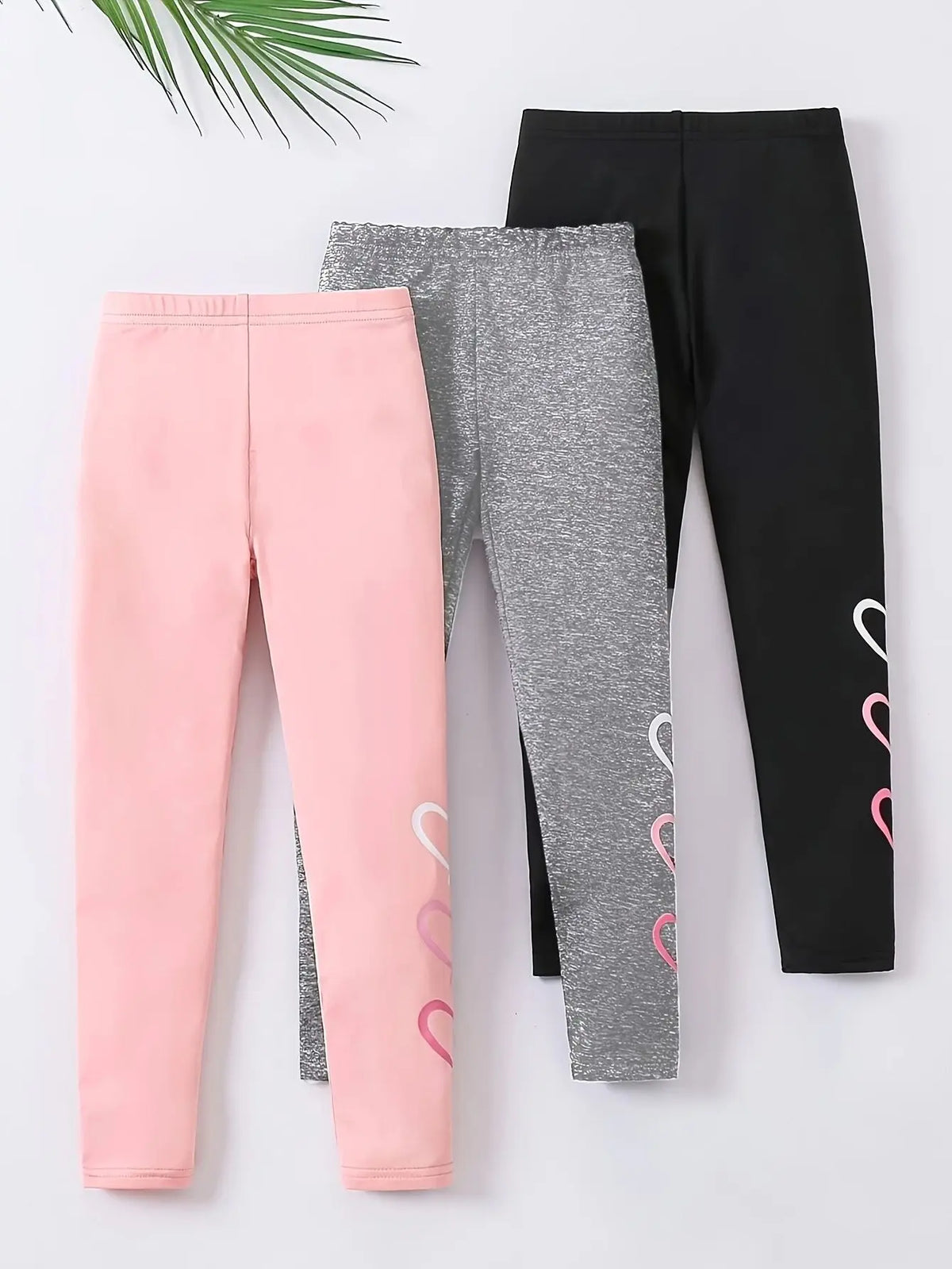 3-Pack: Girls' Solid-Color Casual Leggings (Heart Pattern) — Suitable for All Seasons; Fits Ages 3+