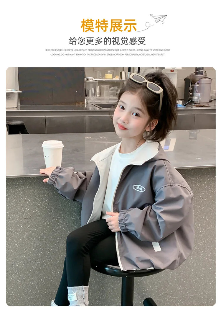2026 Spring Autumn Girls Reversible Waterproof Hooded Jacket Teen Kid Letter Print Windbreaker Coat Children Loose Outerwear Top