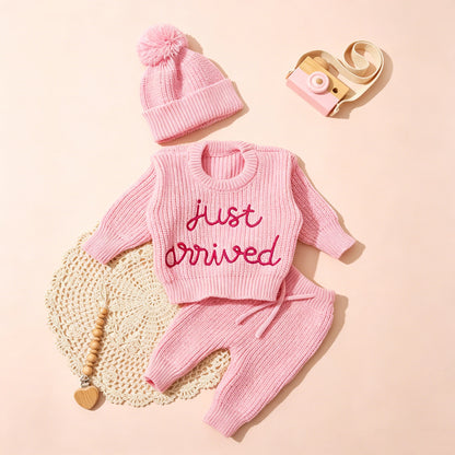 Ylsteed 3 Pcs Set Knitting Newborn Boy Photography Clothes "Just Arrived" Embroidery Khaki Baby Outfits Sweater Baby Shower Gift