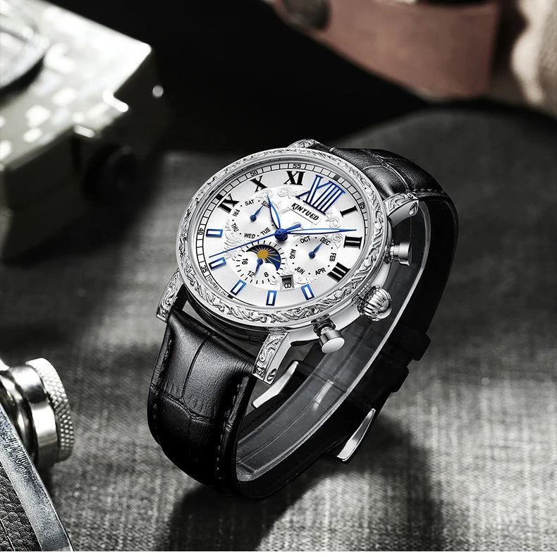KINYUED Brand Luxury Men's Moon Phase Automatic Mechanical Watch Leather Strap Waterproof Week Date Casual Dress Wrist Watches
