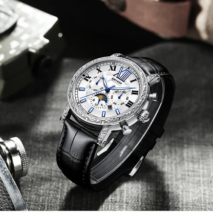 KINYUED Brand Luxury Men's Moon Phase Automatic Mechanical Watch Leather Strap Waterproof Week Date Casual Dress Wrist Watches