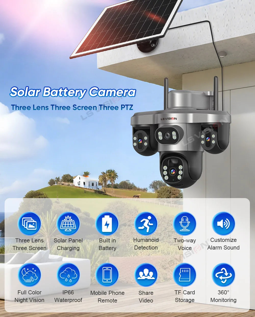 LS VISION Wireless WiFi Solar Camera Three Lens Three Screen 4G Sim Card Solar Cam Human Detection Outdoor Solar Surveillance