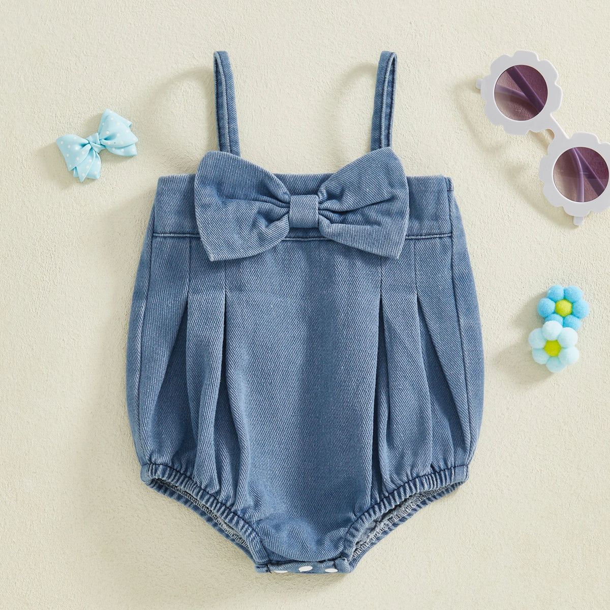 FOCUSNORM 0-18M Lovely Baby Girls Denim Romper Sleeveless Square Neck Bow Front Strap Jumpsuits Newborn Playsuit