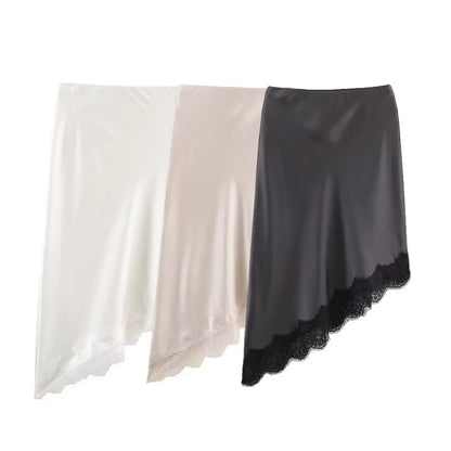 BSAY Lace Asymmetry Satin Texture Skirt Women Fashion Autumn Winter New Solid Chic Female High Waist Elegant Skirts Mujer