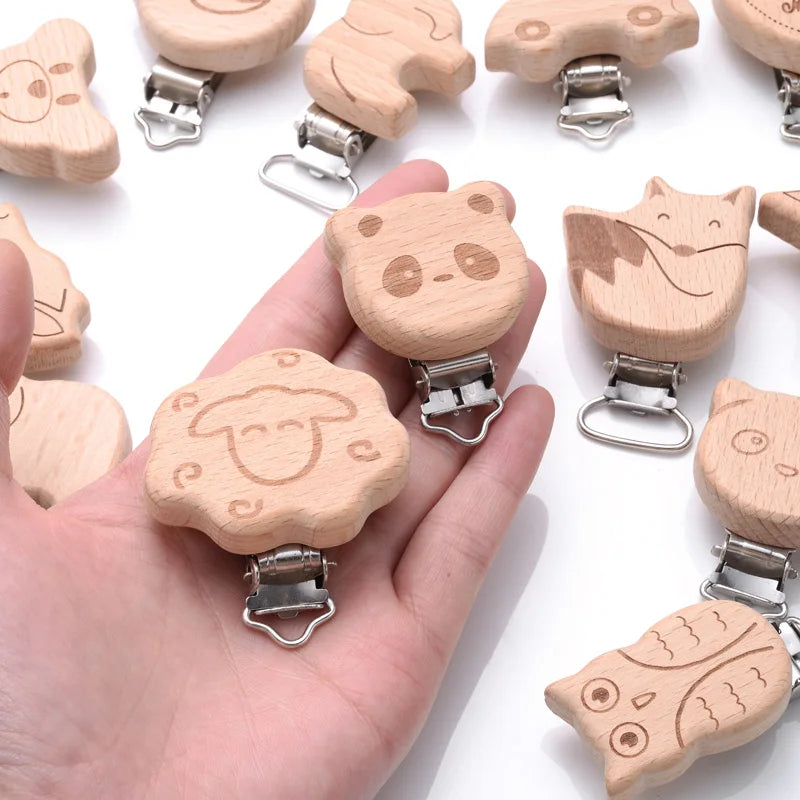 1Pcs Printing Animal Dummy Clip Beech Wood Nipple Clip For Teether Chewing Toys Accessory DIY Anti-Drop Baby Pacifier Chain