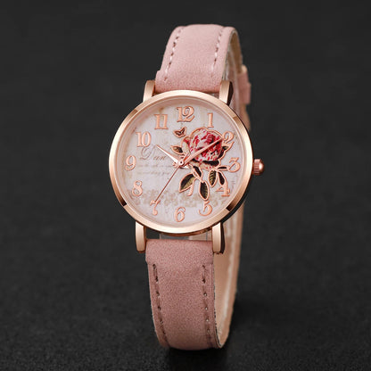 6pcs/set Women Fashion PU Leather Band Rose Dial Quartz Watch with Pink Bracelet Set (Box not included）
