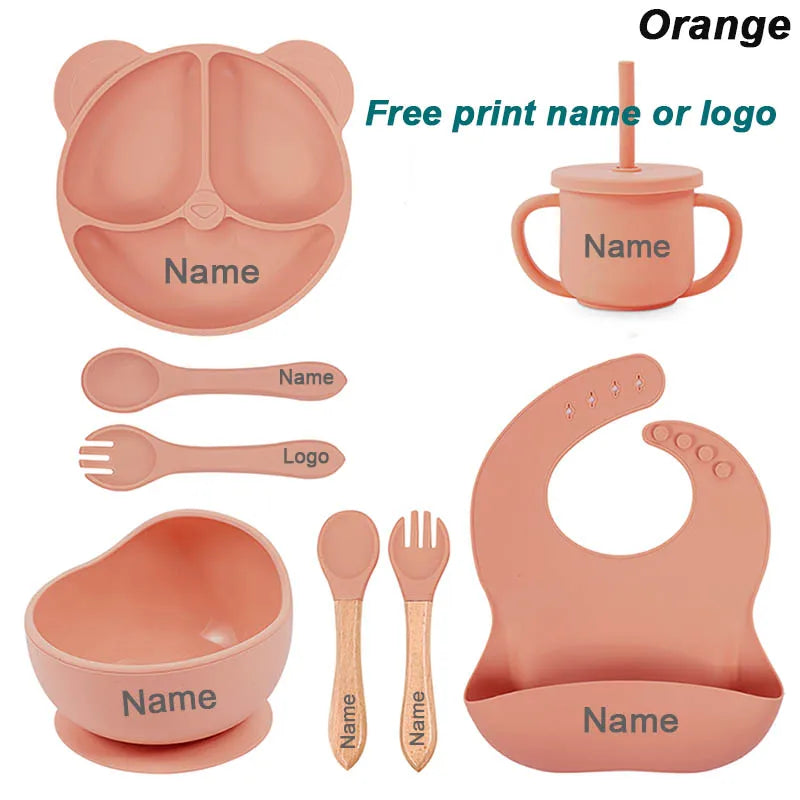 Feeding Set Silicone For Baby Sucker Bowl Dishes Plate For Kids Bear Plate Set Baby Tableware Children's Cup With Straw 8Pcs