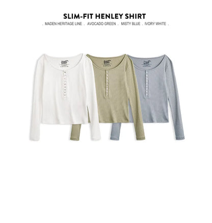 Maden Women’s Slim Fit Henley Shirt Ribbed Knit Long Sleeve T-shirt O-Neck Layering Top Solid Color Autumn Winter Inner Wear