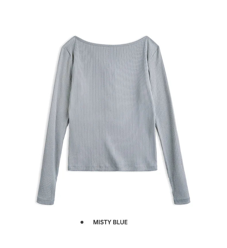 Maden Women’s Slim Fit Henley Shirt Ribbed Knit Long Sleeve T-shirt O-Neck Layering Top Solid Color Autumn Winter Inner Wear