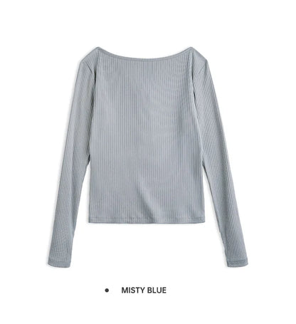 Maden Women’s Slim Fit Henley Shirt Ribbed Knit Long Sleeve T-shirt O-Neck Layering Top Solid Color Autumn Winter Inner Wear