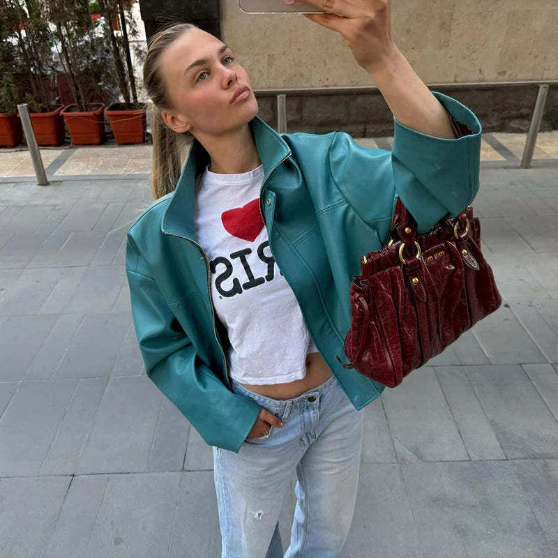 Street Pu Leather Women Jacket Elegant Long Sleeve Zippers Stand Collar Female Outwear 2026 Autumn Winter Chic Lady Coat