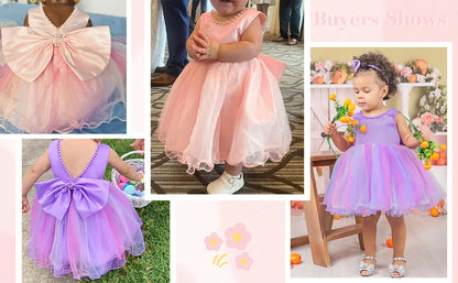 Infant Baby Tulle Backless Pageant Wedding Party Flower Girls Big Bow Dress With Headwear For Toddler Baptism Birthday Prom Gown