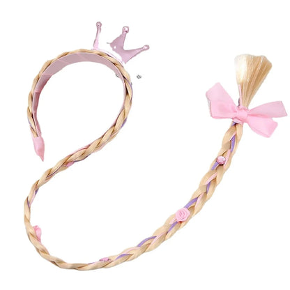 Girls Pink Blue Purple Flower Weaving Braid Headband Kids Princess Dress Up Hair Accessories Aurora Elsa Sofia Rapunzel Wig