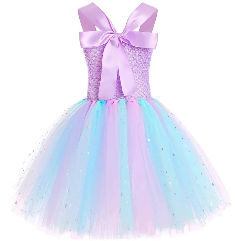 Girls' LED Flashing Mermaid Performance Clothing, Kids' Birthday Beauty Outfit, Fish-Tail Floral Mermaid Princess Tulle Dress