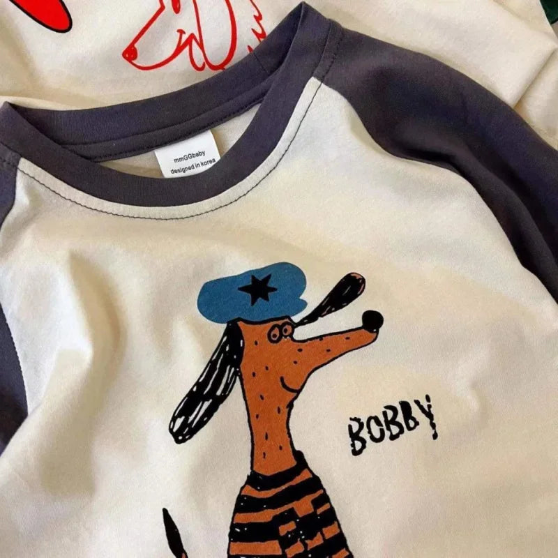 1-7y Toddler Infant Spring Autumn Tops Cartoon Printed Tees For Baby Girl Boy Long-Sleeved Casual Costume Fashion Patchwork Tees