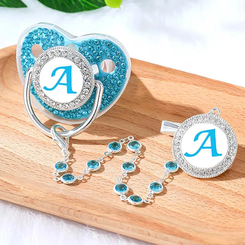 Blue Zircon Baby Pacifier Clip 26 Letters Newborn Personalized Luxury Pacifiers Holder Silicone Infant Teether Nipple Bpa Free