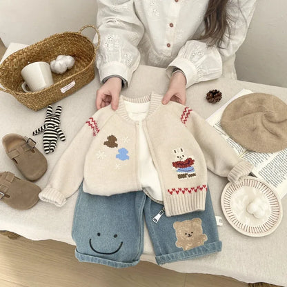 Baby Sweater Early Spring Korean Style Fashion Knitted Cardigan Spring and Autumn Girls' Cartoon Cute Sweater Versatile