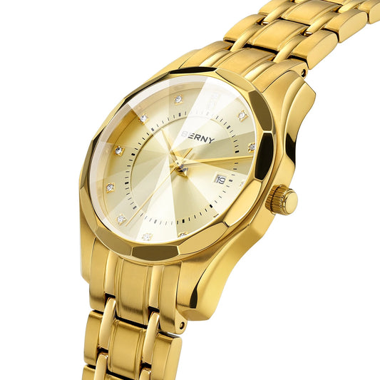 BERNY Golden Watch for Women Quartz Luxury Diamond Shape Lens Ladies Wristwatch Waterproof Stainless Steel Fashion Women Watch