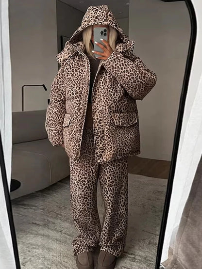 Stripe Women's Padded Cotton Coats Pant Suit Hooded Zipper Puffer Coat Loose Thick Pants 2026 Fashion Lady Autumn Winter Ski Set
