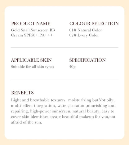 SADOER Gold Snail Sunscreen BB Cream Foundation Concealer Moisturizing Isolation Cream SPF50+PA+++ 40g