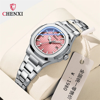CHENXI 8222 Fashion Couple Quartz Watch Waterproof Night Light Date Stainless Steel Strap Casual Date Men's and Women's Watch