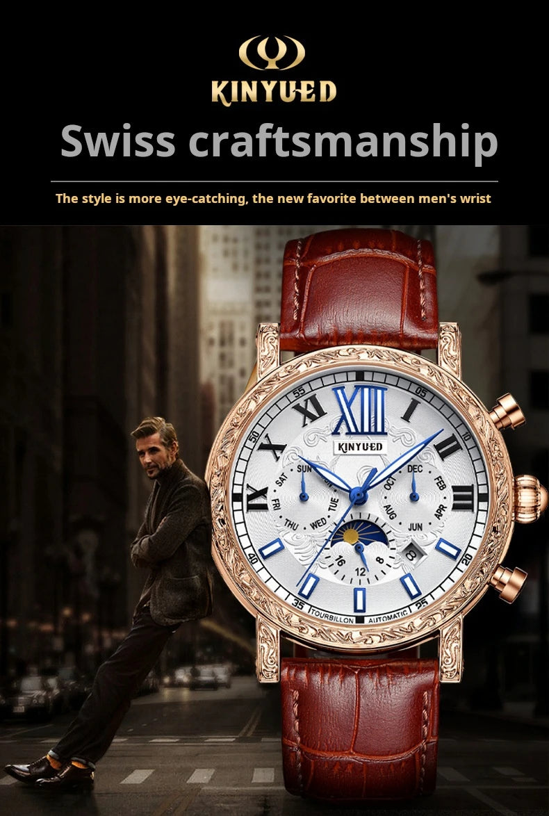 KINYUED Brand Luxury Men's Moon Phase Automatic Mechanical Watch Leather Strap Waterproof Week Date Casual Dress Wrist Watches