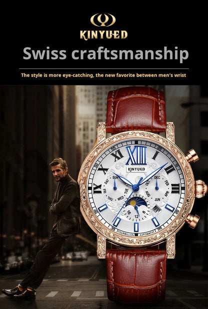 KINYUED Brand Luxury Men's Moon Phase Automatic Mechanical Watch Leather Strap Waterproof Week Date Casual Dress Wrist Watches