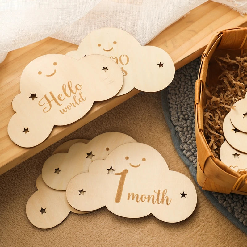 Spanish Alphabet Baby  Wooden Milestone Number Month Memorial Cards Items Cute Cloud Shape Newborn Photography Accessories Props