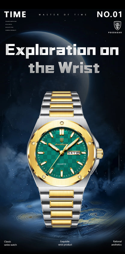POEDAGAR High Quality Men Clock Date Week Waterproof Fashion Watch For Man Stainless Steel Luxury Men's Quartz Watches Reloj+Box