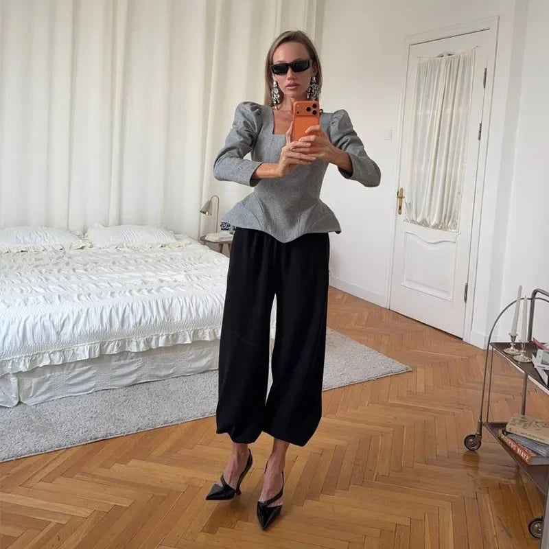 Casual Solid Woolen Top Pants Set Women Puff Full Sleeve Closed Waist Blouse Straight Trousers Sets 2026 Autumn Winter Lady Suit
