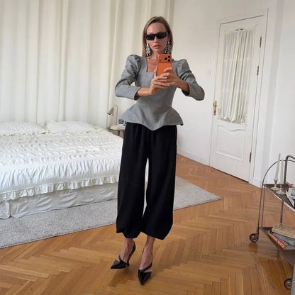 Casual Solid Woolen Top Pants Set Women Puff Full Sleeve Closed Waist Blouse Straight Trousers Sets 2026 Autumn Winter Lady Suit
