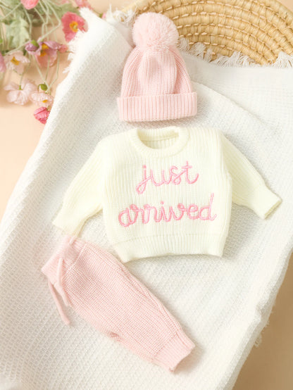 Ylsteed 3 Pcs Set Knitting Newborn Boy Photography Clothes "Just Arrived" Embroidery Khaki Baby Outfits Sweater Baby Shower Gift