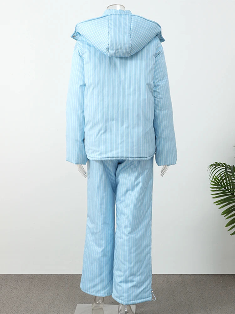 Stripe Women's Padded Cotton Coats Pant Suit Hooded Zipper Puffer Coat Loose Thick Pants 2026 Fashion Lady Autumn Winter Ski Set