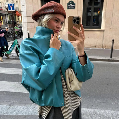 Street Pu Leather Women Jacket Elegant Long Sleeve Zippers Stand Collar Female Outwear 2026 Autumn Winter Chic Lady Coat