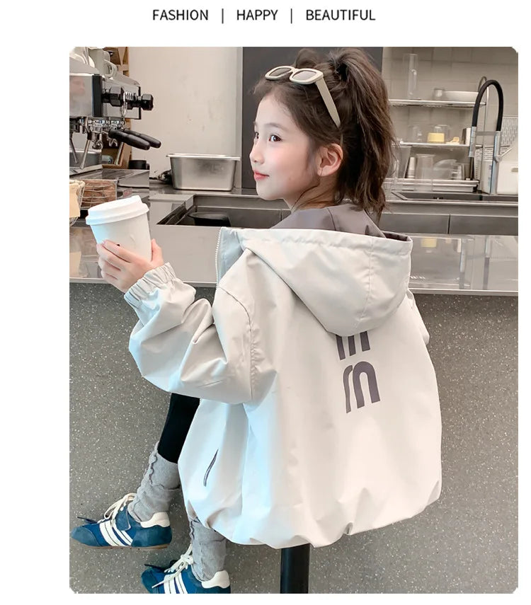 2026 Spring Autumn Girls Reversible Waterproof Hooded Jacket Teen Kid Letter Print Windbreaker Coat Children Loose Outerwear Top