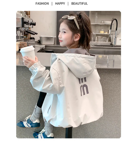 2026 Spring Autumn Girls Reversible Waterproof Hooded Jacket Teen Kid Letter Print Windbreaker Coat Children Loose Outerwear Top