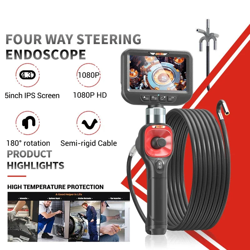 360° Articulating Borescope 6.2mm 4 Ways 3m Wires IPS Automotive Inspection Camera 6 Adjustable LED Lights
