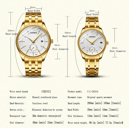 CHENXI Luxury Brand Casual Couple Watch Golden Stainless Steel Quartz Watch for Men's and Women's Waterproof Luminous Wristwatch