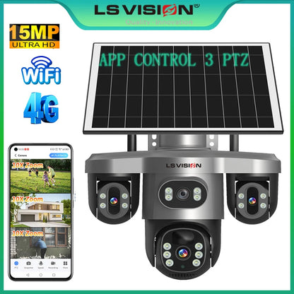 LS VISION Wireless WiFi Solar Camera Three Lens Three Screen 4G Sim Card Solar Cam Human Detection Outdoor Solar Surveillance