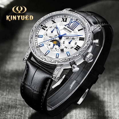 KINYUED Brand Luxury Men's Moon Phase Automatic Mechanical Watch Leather Strap Waterproof Week Date Casual Dress Wrist Watches