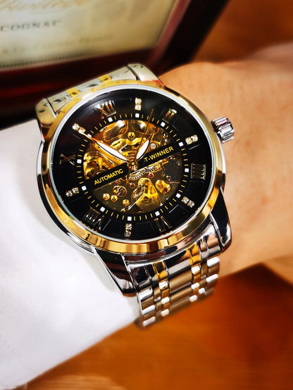 Fashion Skeleton Watch for Men Luminous Hands Iced Out Dial Stainless Steel Strap Business Classic Automatic Mechanical Watches