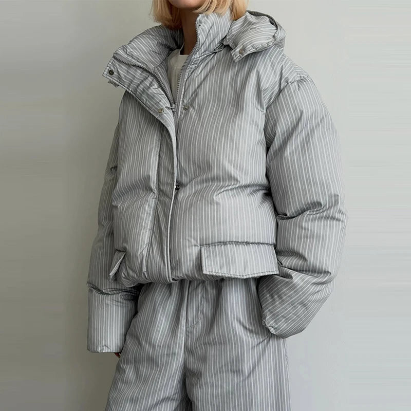 Street Striped Women's Cotton Coat Trouser Suits Hooded Zippers  Autumn Winter Thicken Lady Set 2026 Chic Female Outfits