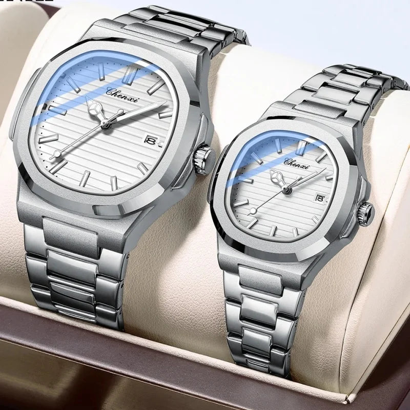CHENXI 8222 Fashion Couple Quartz Watch Waterproof Night Light Date Stainless Steel Strap Casual Date Men's and Women's Watch