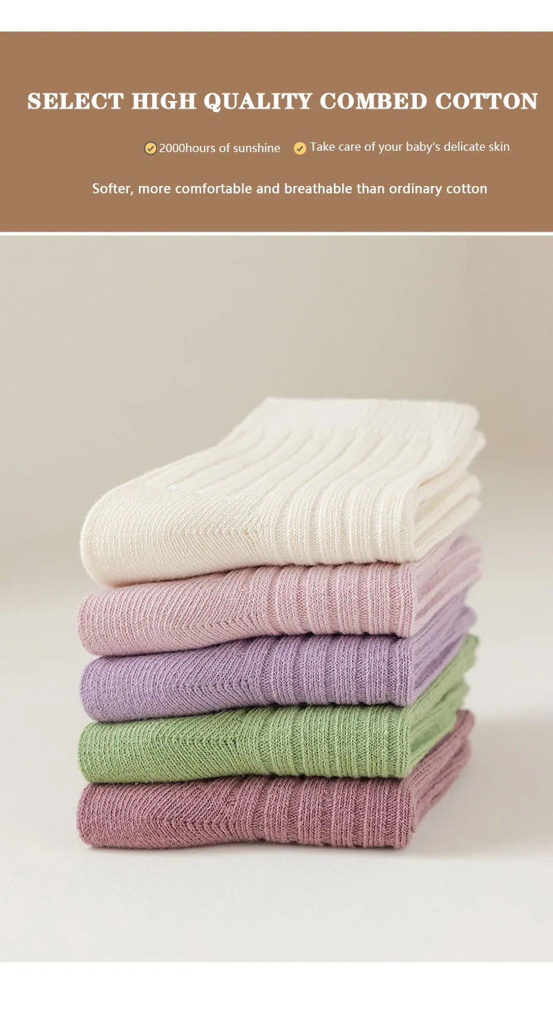 5 Pairs/Lot Children'S Socks Set Solid Color Double Needle Cotton Kids Mid-Tube Socks Candy Color Boys And Girls Student Socks