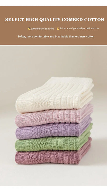 5 Pairs/Lot Children'S Socks Set Solid Color Double Needle Cotton Kids Mid-Tube Socks Candy Color Boys And Girls Student Socks