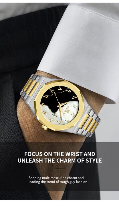 Top Brand Men Watch Marble Dial 42mm Arabic Scale Clock Silver Stainless Steel Quartz Movement Sports Business Wristatch for Men