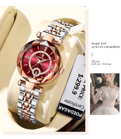 POEDAGAR Luxury Watch For Woman High Quality Diamond Ladies Quartz Watch Waterproof Date Stainless Steel Women Watches reloj+box