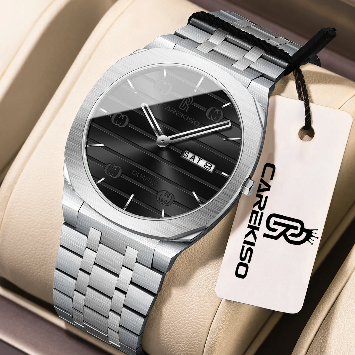 CAREKISO Luxury Fashion Men Clock Waterproof Week Date Casual Man Wristwatch Stainless Steel Quartz Business Men's Watches Reloj